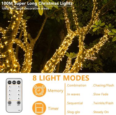 Світлодіодна гірлянда YAGOPAL 100м 800 LED для вулиці та дому, багатоколірна, 8 режимів, з пультом керування та таймером, IP65, для ялинки, тераси та святкового декору (Теплий білий)