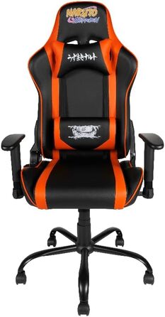 Ігрове крісло Konix Naruto Shippuden Premium, PVC-шкіра, ергономічне, з подушками для попереку та шиї, нахил 150°, дизайн Хокаге, чорне з помаранчевим