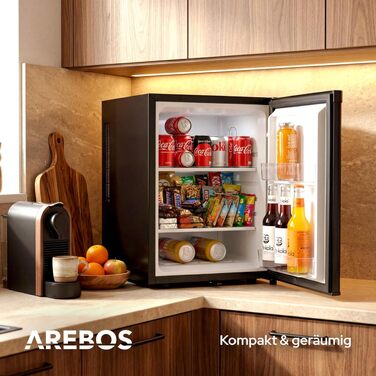 Міні-холодильник Arebos 40L: безшумний компактний бар для напоїв та офісу, з LED-підсвіткою, регулюванням температури та замком, чорний