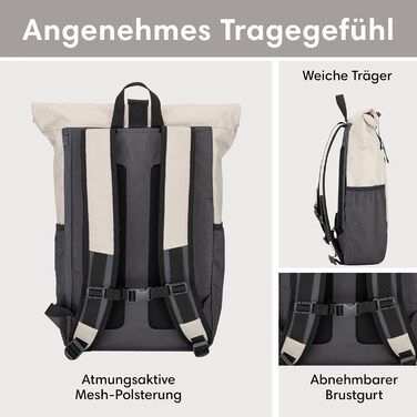 Жіночий рюкзак LARKSON Rolltop No 2, великий, водостійкий, антивандальний, для школи, університету, роботи, велосипеду, відсік для ноутбука 16'', еко-матеріал, бежево-сірий