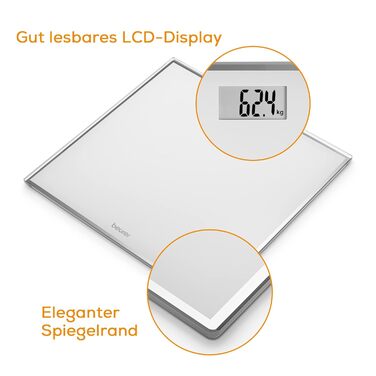 Електронна скляна вага Beurer GS 120, компактна, з дзеркальним ефектом, LCD-дисплей, ванна вага, до 150 кг, 27x26 см