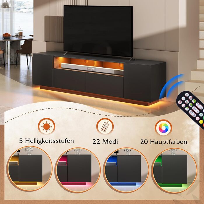 Тумба під телевізор WLIVE з LED-підсвіткою, глянцева, чорна, 170x36x45 см - шафа для ТВ з полицями та дверцятами