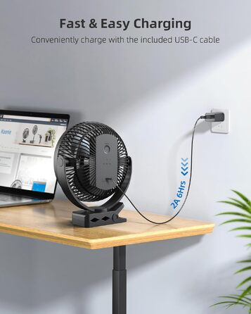 Вентилятор кліпса Koonie 10000 mAh USB портативний, 20 см, 4 швидкості, 360° обертання, для дому, офісу, дитячого візочка, кемпінгу, гроубоксу, чорний