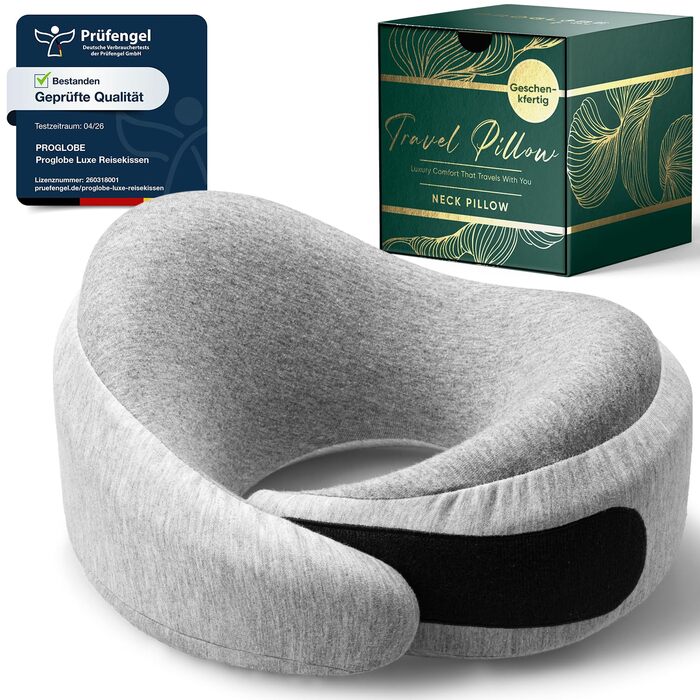 Подорожня подушка для шиї Proglobe Luxe з ефектом пам'яті (Memory Foam), з підтримкою підборіддя та компресійним чохлом, світло-сіра