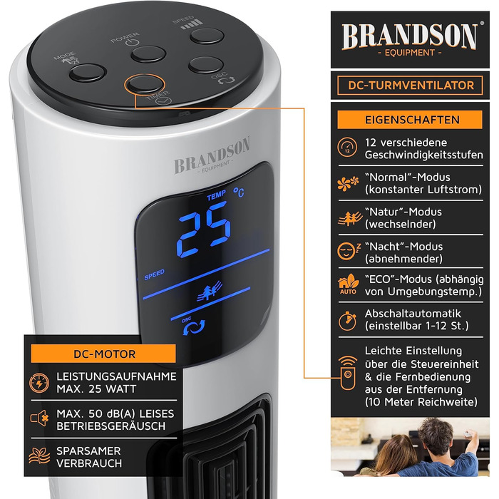 Brandson ECO Тихий турмовентилятор з DC-мотором, 12 швидкостей, напольний вентилятор із таймером, дистанційне керування, енергоощадний, дуже тихий, преміум-якість, переможець 2025