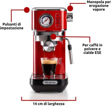 Кавомашина еспресо Ariete Slim Metal 1381 червона: для кави в зернах та ESE-падів, 15 бар, капучинатор, 1300 Вт