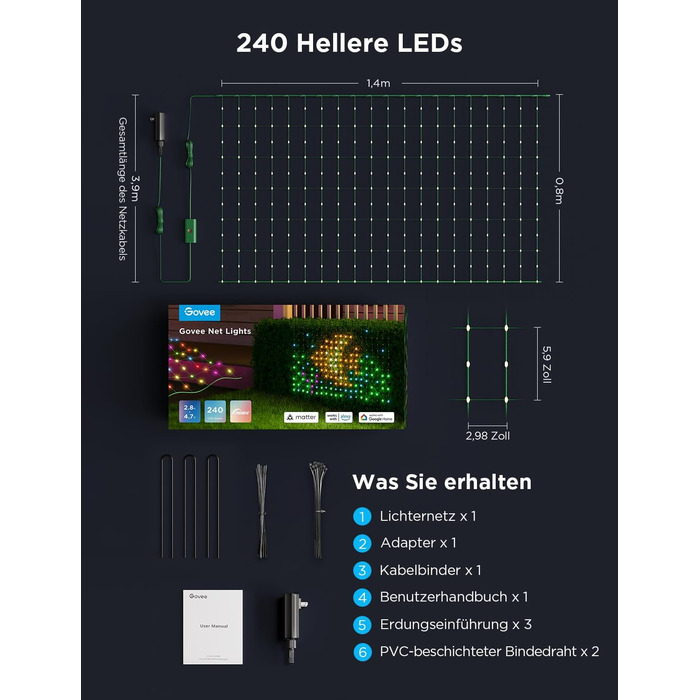 Розумна LED-сітка Govee для кущів, 240 діодів, 0,88×1,43 м, вулична водонепроникна гірлянда з різними режимами, керування Alexa/Google, для Хелловіну, газону, декору