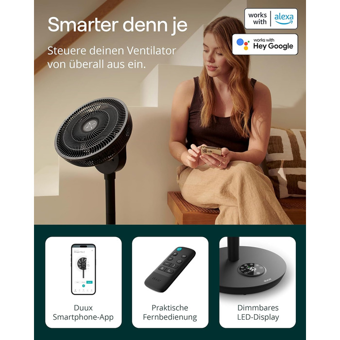 Duux Whisper Flex 2 Smart Вентилятор - Тихий (13 дБ), Нічний режим, Таймер, Регульована висота (54-92 см), Енергоефективний, Керування через App та Пульт - Чорний