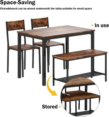 Обідній гарнітур sogesfurniture 4 предмети: стіл 110×70×76 см, 2 стільці, лавка, металевий каркас, прямокутний кухонний стіл з полицею для вітальні, їдальні, вінтажний коричневий