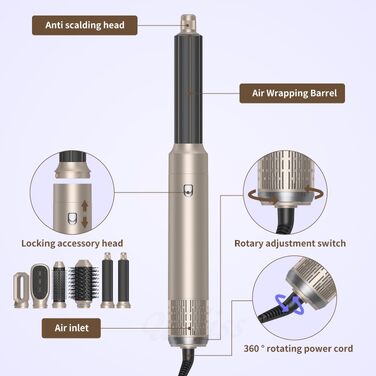 Airstyler 6 в 1 Gold 1000W: Фен-щітка, плойка, випрямляч для волосся – професійний набір для укладки