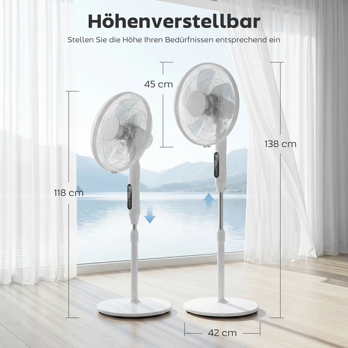 Вентилятор підлоговий з таймером на 15 годин, кутом коливання 85°, LED-панеллю керування, пультом дистанційного керування, білий