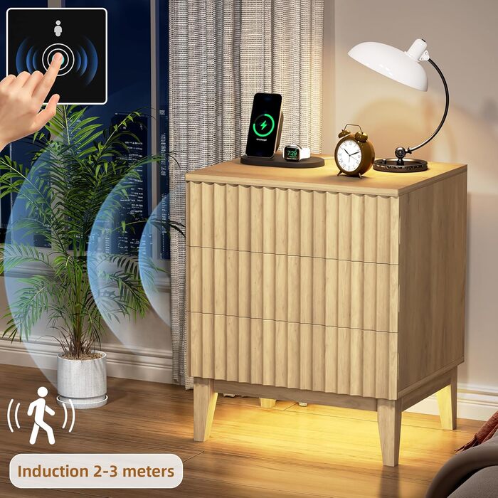 LED тумбочка Gurexl з бездротовою зарядкою, 3 ящики, USB & Type-C, з датчиком руху, для спальні, вітальні, офісу, чорна (2, дуб, 3 ящики)
