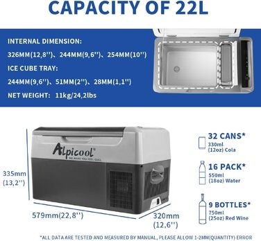 Автомобільний компресорний холодильник Alpicool G22 22Л, портативна морозильна камера для авто, вантажівок та човнів, 12/24В, діапазон -20°C до +20°C