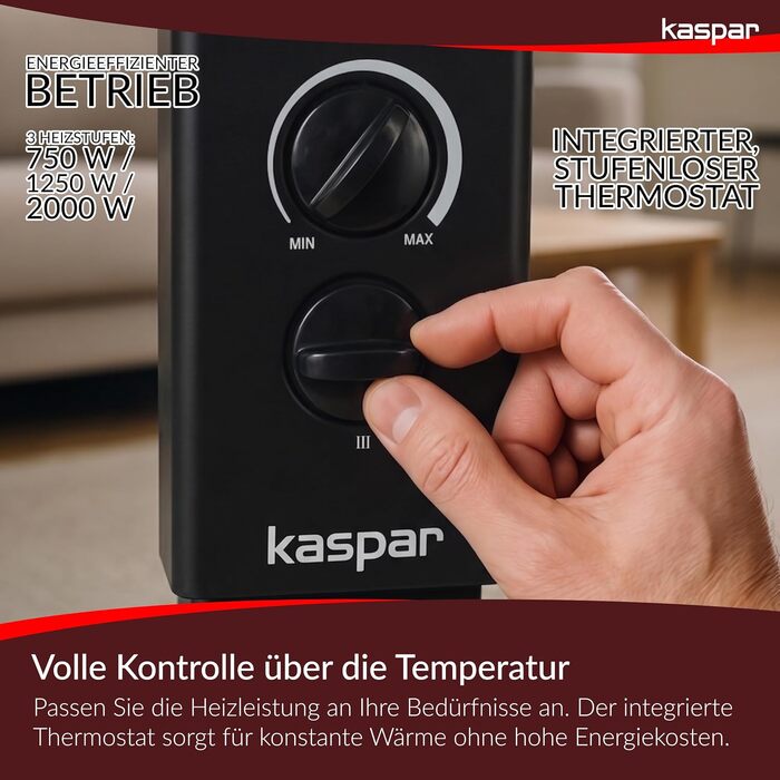 Електричний конвектор Kaspar 2000 Вт з термостатом, обігрівач приміщень (чорний, без турборежиму)