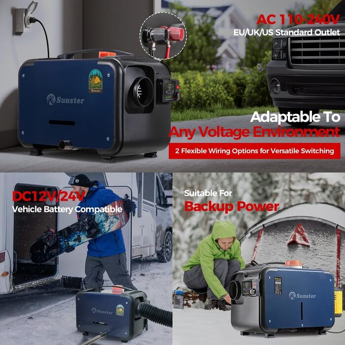 Дизельний опалювач 8kW з Bluetooth, 12V/24V/230V для вантажівок, фургонів, автодому, з автоматичним запуском та адаптером живлення, 2025 року випуску, блакитний