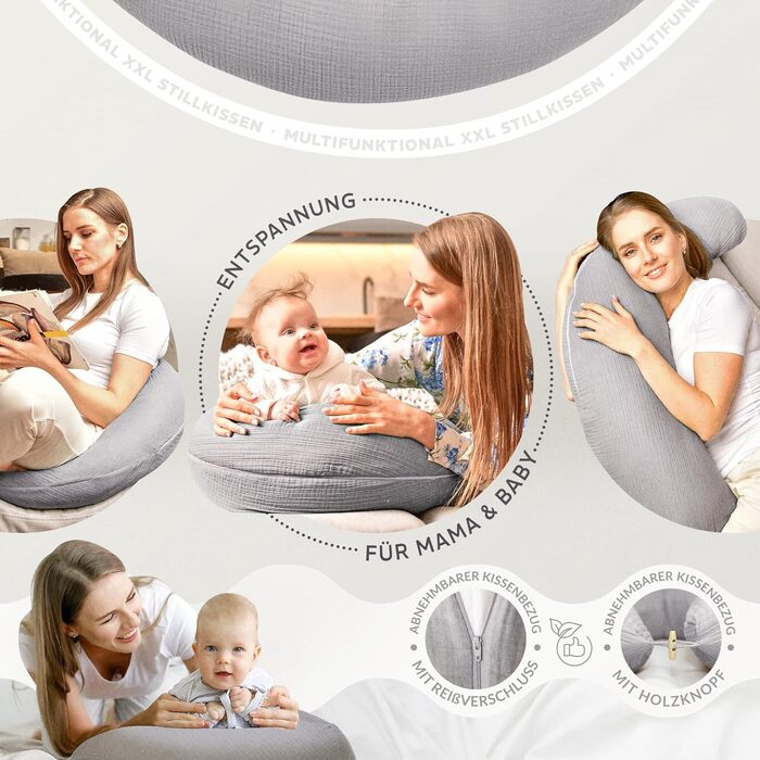 Подушка для вагітних та годування sei Design XXL (190x35 см), ергономічна подушка для сну з чохлом з біо-бавовни муслін, колір тауп
