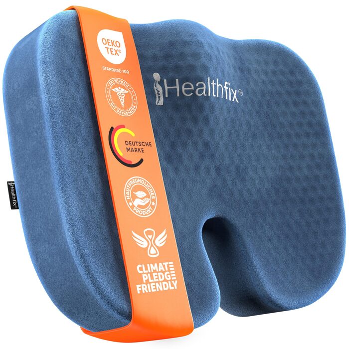 Ортопедична подушка для сидіння Healthfix з медовою структурою та велюровим чохлом, синя (45x36x7 см) для офісу, авто, дому. Зняття навантаження з куприка.