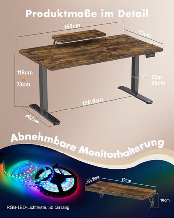Регульований по висоті письмовий стіл Airfish 160 x 70 см з підставкою для монітора, колір Vintage Brown