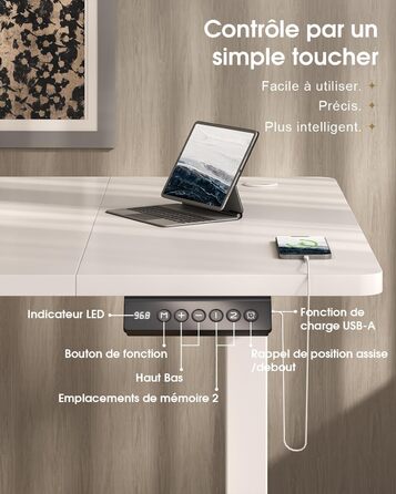 Регульований стіл Devoko з підйомною висотою, 140x80 см, з ящиками, USB-порт, органайзер для кабелів, стоячий стіл з 3 рівнями пам'яті, білий