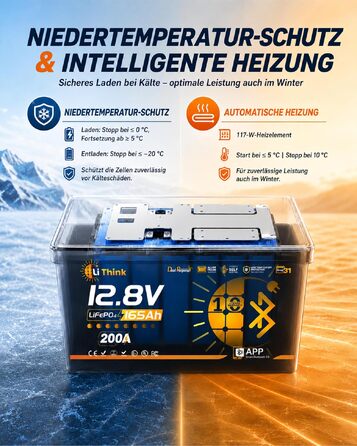 LiFePO4 акумулятор 12V 165Ah для кемпера та автобудинку, Bluetooth 5.4, стандарт ECE R10, літієва батарея H190 Dual Purpose