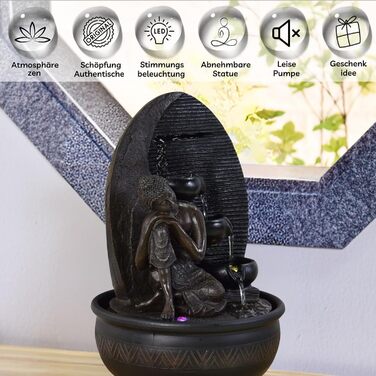 Декоративний фонтан Zen'Light Будда Grace з кольоровою LED-підсвіткою для медитації та релаксації, безшумний насос, знімна скульптура, висота 40 см