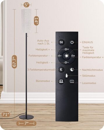 Торшер EDISHINE LED для вітальні, димований, E27, лампа для читання з лляним абажуром і пультом, підлоговий світильник з 3 режимами кольору, вінтажний для спальні, чорний
