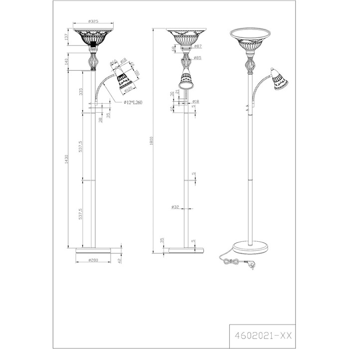 Торшер LED Trio Leuchten Rustica 4602021-24, метал ржавий, без лампи E27, з додатковим LED-підсвічуванням для читання
