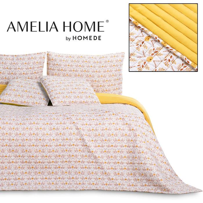 Покривало AmeliaHome Folky 240x260 см, двостороннє, легке у догляді, стьобане, з фольклорним рослинним візерунком, жовто-біло-оранжеве