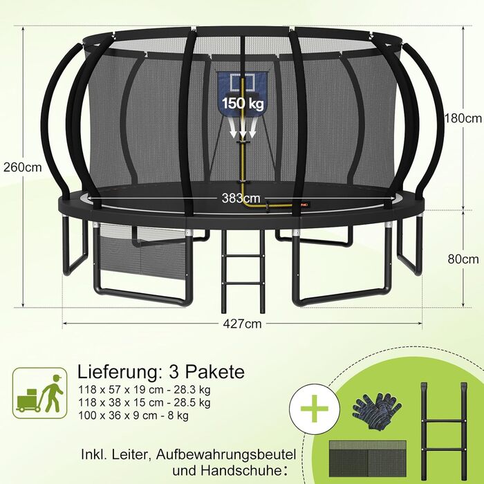 Батут Devoko для дітей та дорослих з баскетбольним кошиком та захисною сіткою, Ø 427 см, макс. навантаження 150 кг, чорний