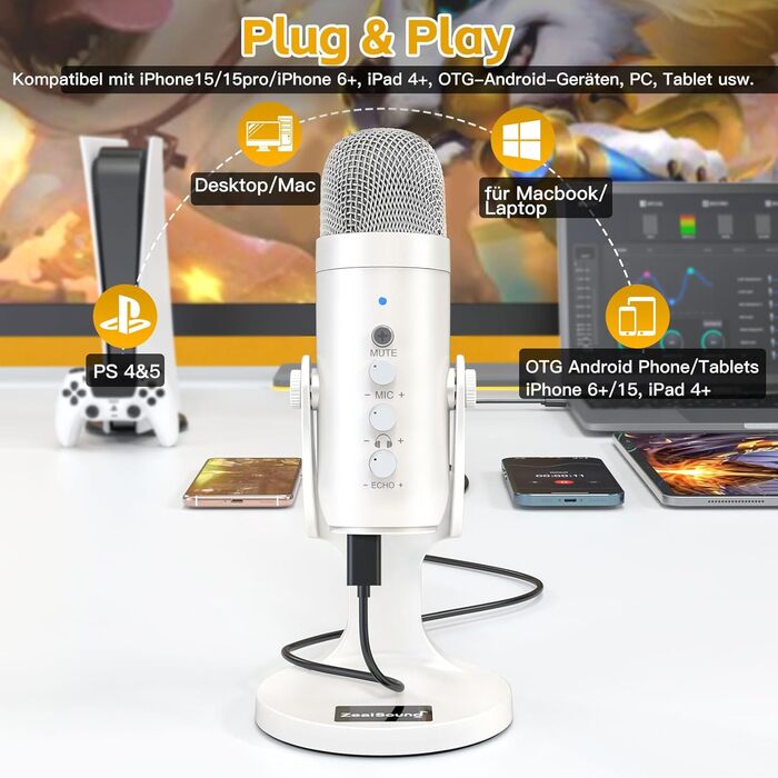 ZealSound USB мікрофон K66 перламутрово-білий, конденсаторний мікрофон для ПК, смартфонів, PS4, PS5, USB-C, для ігор, подкастів, запису, стрімінгу, зі стумом, регулюванням гейну та ефектом ехо, сумісний з Mac, Windows