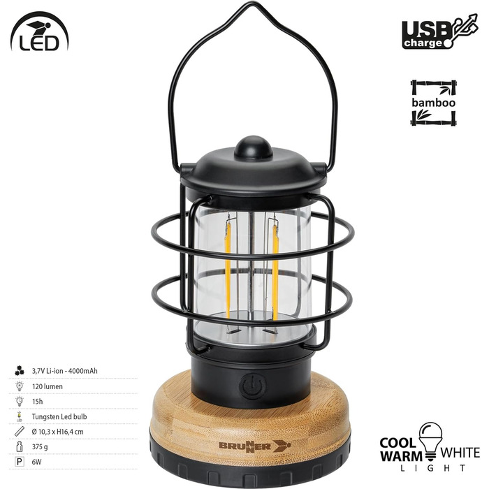 Кемпінговий LED ліхтар Brunner з акумулятором, підвісний, USB-зарядка для туризму та відпочинку на природі