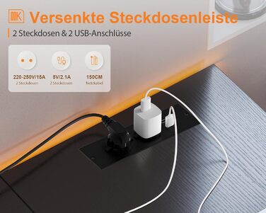 Кутовий комп'ютерний стіл ODK, L-подібний, з розетками і USB, чорний, 168×120 см, з великим простором для зберігання