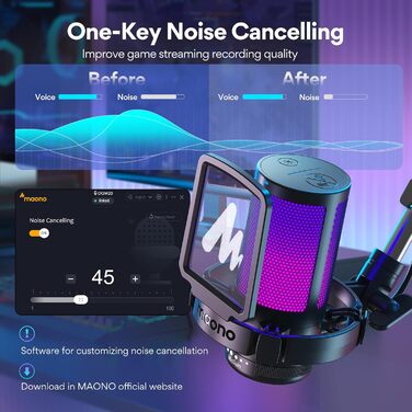 Ігровий USB-мікрофон MAONO DGM20S з шумозаглушенням, конденсаторний, з функціями вимкнення звуку, регулювання чутливості, моніторингу, тримачем, поп-фільтром для стрімінгу, подкастів, Twitch, YouTube, Discord, ПК, PS5, Mac