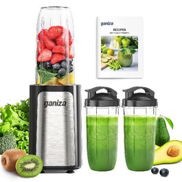 Блендер Ganiza Mini Smoothie Maker 900W з 3 стаканами (500мл x2, 700мл), електричний, сталеві ножі, BPA-free, для смузі та коктейлів