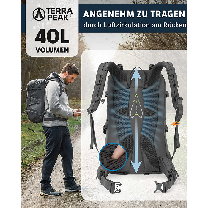 Туристичний рюкзак Terra Peak Flex 40 л сірий – преміум, вентиляція спини, чохол від дощу, кріплення для питної системи, 3D Air Mesh, трекінговий рюкзак з поясом