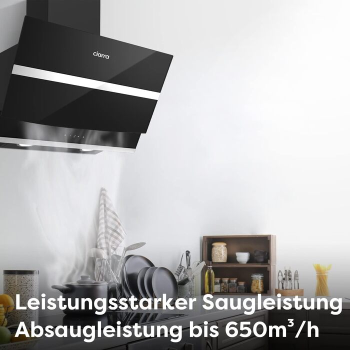 Витяжка кухонна CIARRA ASB6736N 60 см, 650 м³/год, навісна, нержавіюча сталь та чорне скло, керування через App та Touch, режим рециркуляції та відведення, з вугільним фільтром CBCF003, чорна