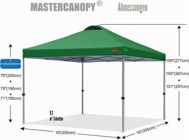 Павільйон садовий MasterCanopy 3x3 м, швидкозбірний, водостійкий, UPF50+, з сумкою та мішками, темно-зелений