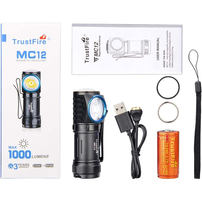 Ліхтарик TrustFire MC12 Mini LED, 1000 Люмен, акумулятор 16340, магнітна USB зарядка, без налобного ременя, чорний