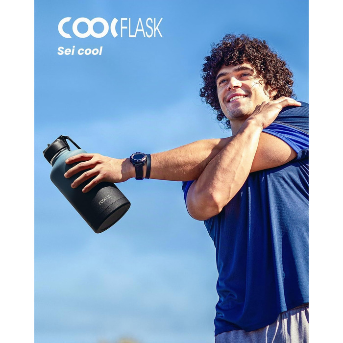 Термобутилка Coolflask 2Л зі сталі нержавіюючої з соломинкою та 3 кришками, вакуумний ізольований спорт-флакон для води та офісу, герметична, колір Indigo Black