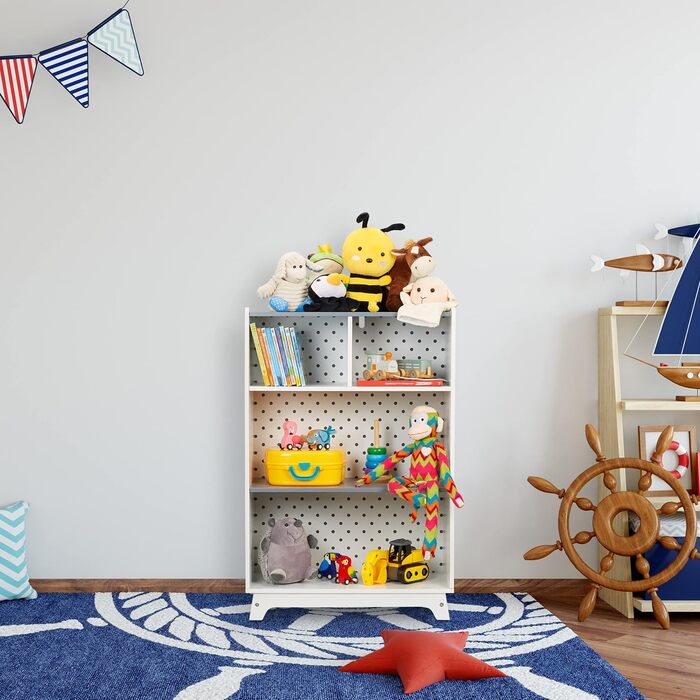 Дитяча полиця для іграшок і книг Relaxdays, 4 секції, 90x60x30 см, для хлопчиків і дівчаток, біла/сіра