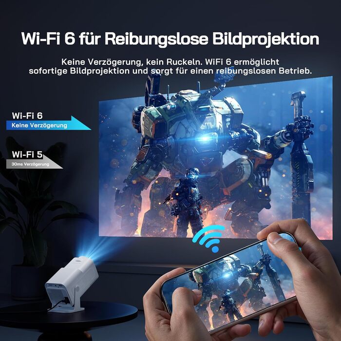 WOLFANG Міні проєктор 4K з Netflix, 26000 люмен, WiFi 6, Smart, 50% Zoom, 180° обертання, сумісний з TV Stick, iOS, Android, PC, PS5, HDMI, AV