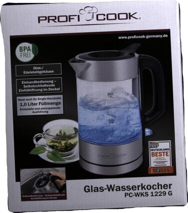 Електрочайник ProfiCook скляний з підсвіткою, 1 л, 1600 Вт, нержавіюча сталь, з індикатором рівня води та одною рукою управління