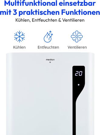 Мобільний кондиціонер MEDION P901 12000 BTU з пультом та Wi-Fi, 3-в-1 (охолодження, осушення, вентиляція), для приміщень до 32 м², білий