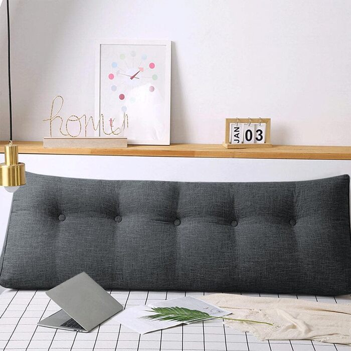 Подушка трикутна для спини OHMG 160x50x20 см темно-сіра з кишенею, для ліжка та дивана, знімний чохол
