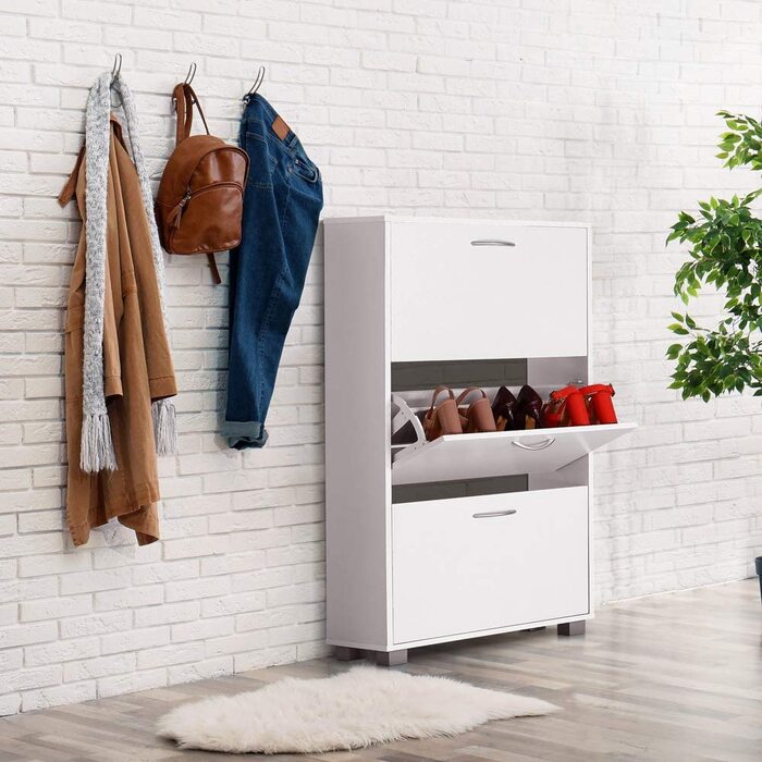 Шафа для взуття Casaria® на 18 пар, 115x60x25 см, 3 дверцята, дерево бук, білий колір, з блокуванням від перекидання