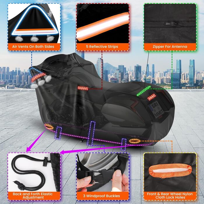 Мото-чохол 2XL для Harley Davidson Road King, водонепроникний, захист від дощу, пилу та UV, міцний 420D, для турингових моделей, чорний (245x110x140 см)