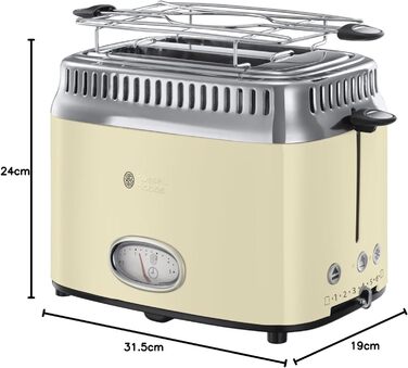 Тостер Russell Hobbs Retro 21680-56 нержавіюча сталь, 2 відділення, кремовий. З підставкою для булочок, 6 режимів, розморожування та підігрів, 1300 Вт