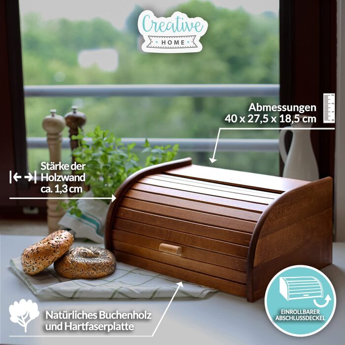 Дерев'яна хлібниця Creative Home Braun 38x28,5x17,5 см з роликовою кришкою – хлібний ящик для хліба, булочок, випічки, натуральна хлібниця для кухні