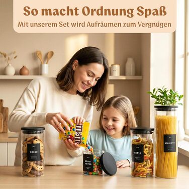 Набір скляних контейнерів для продуктів EDELHAUS з чорними кришками (5 шт.), органайзер для кухні з 54 етикетками для борошна, цукру, кави та чаю (2000мл, 1400мл, 650мл)