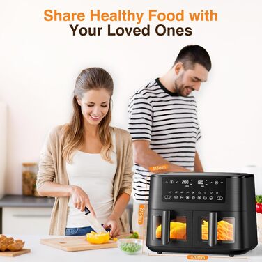Аерофритюрниця з двома камерами та вікном перегляду 9л, Airfryer 9-в-1 з сенсорним керуванням, антипригарне покриття, для здорового приготування без олії
